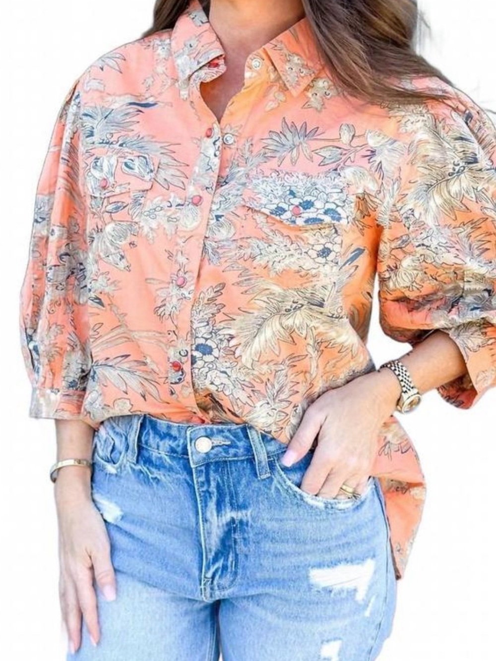 Ivy Jane Coral Floral Button-Up Shirt